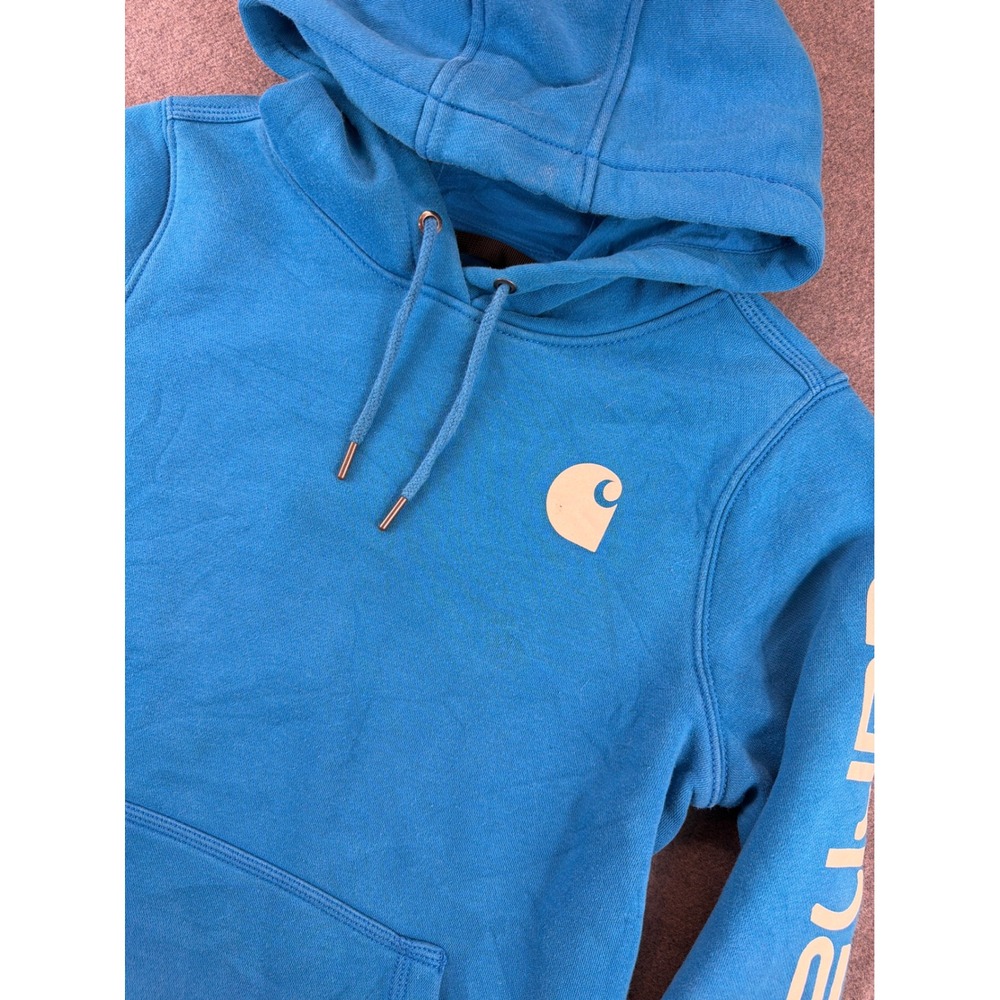 Carhartt Hoodie Womens Blue Pullover Graphic Sleeve Logo Sweatshirt Relaxed Fit